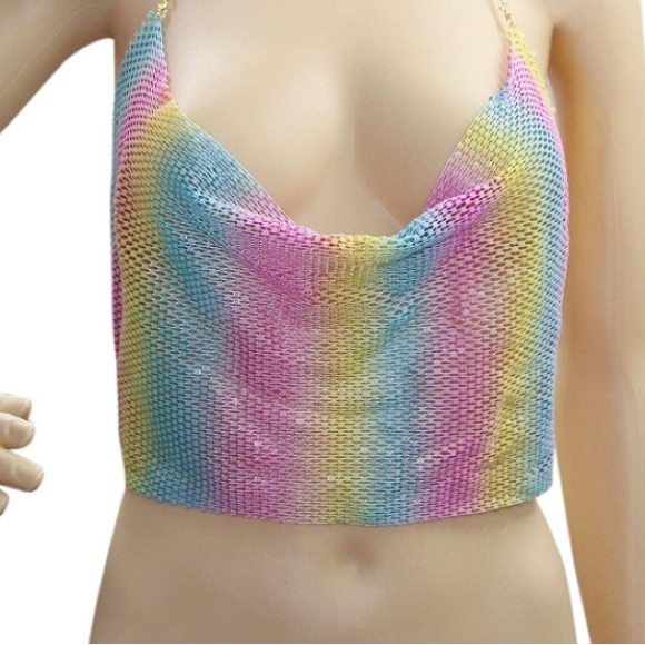 FINAL PRICE Rainbow Rhinestone Mesh Chain Top festival rave colorful diamanté - Picture 2 of 4